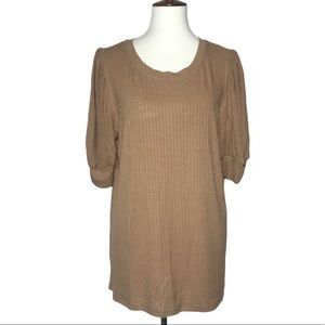 Hayden Los Angeles Tan Short Puff Sleeve Ribbed Tunic Top  Size L